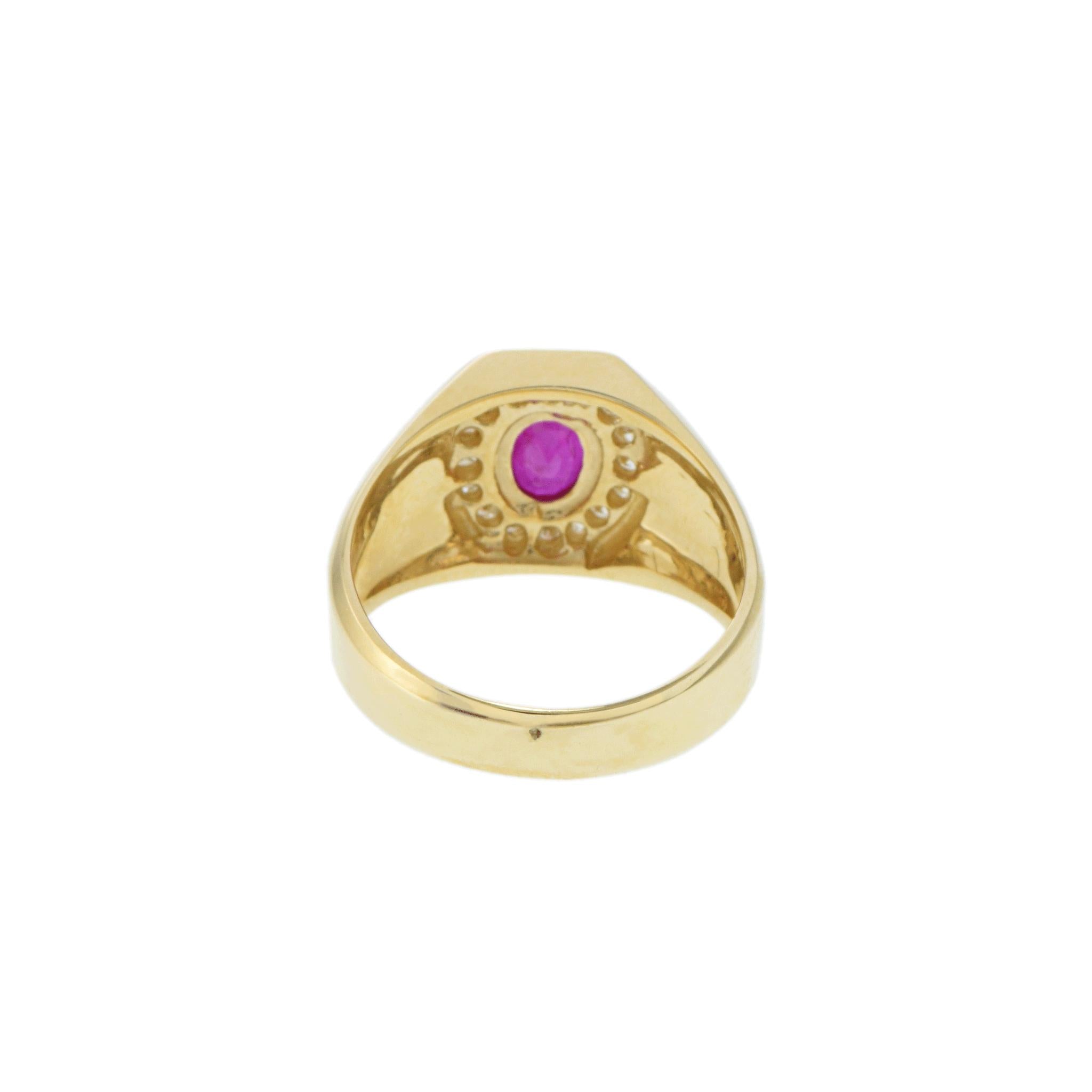 14KT Yellow Gold Oval Ruby and Diamond Satin Finish Men’s Ring