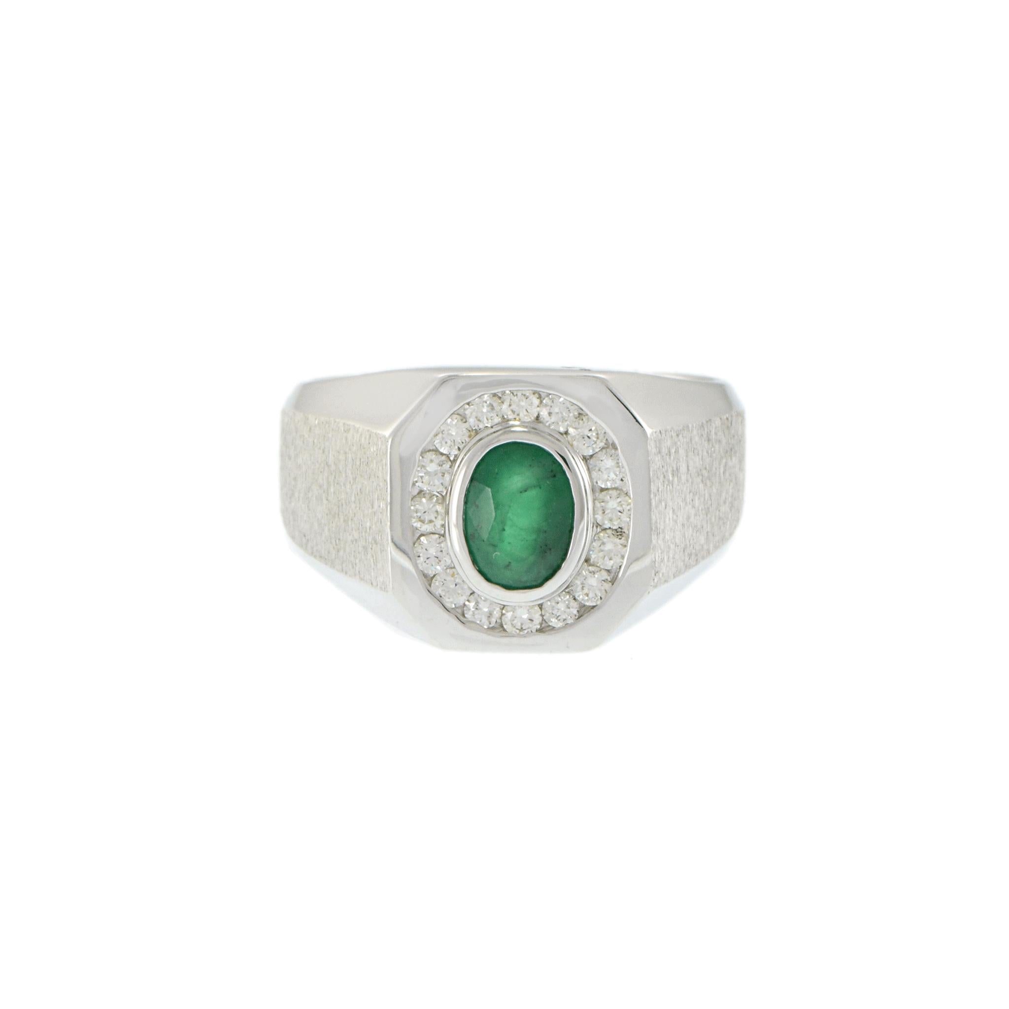 14KT White Gold Emerald and Diamond Men's Ring