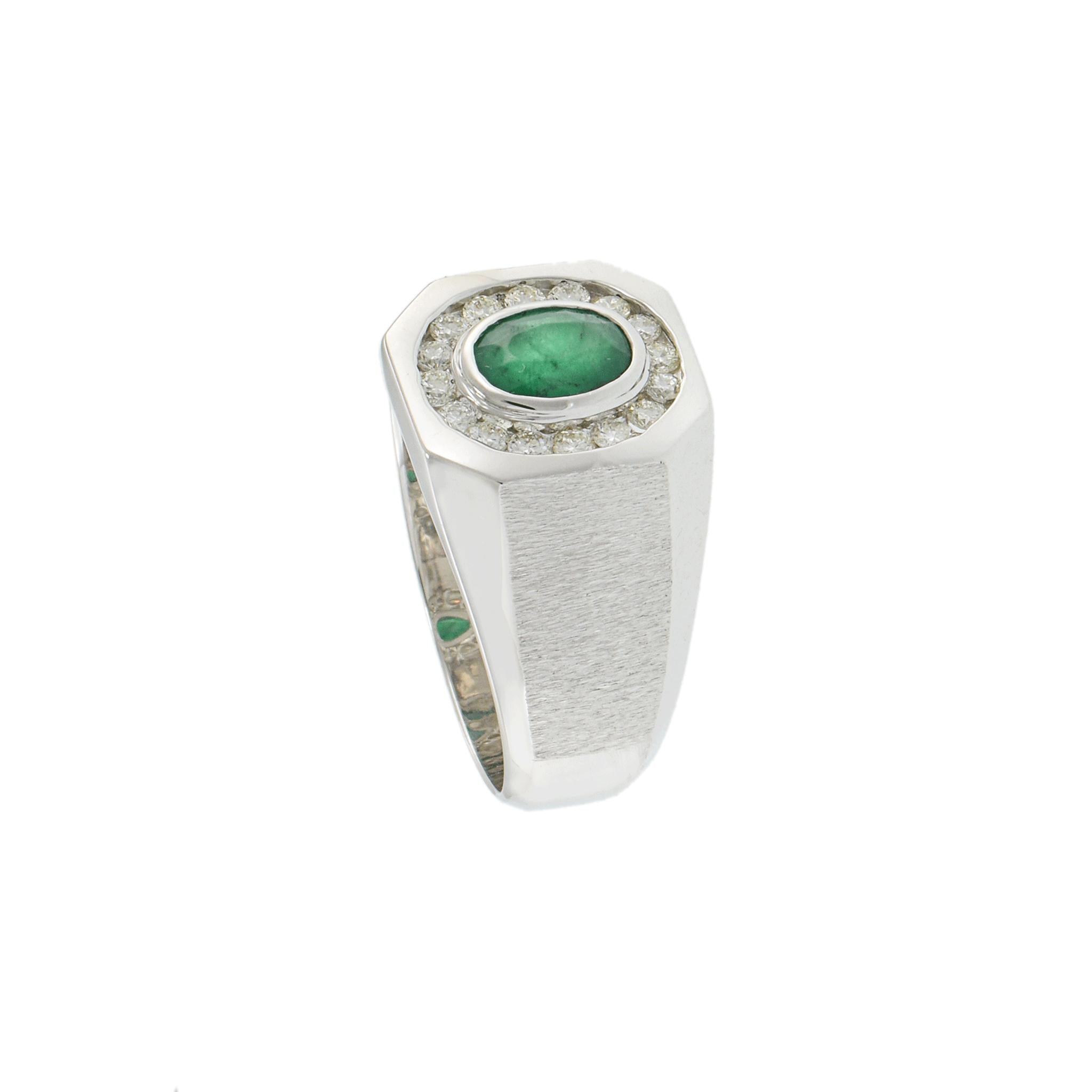 14KT White Gold Emerald and Diamond Men's Ring