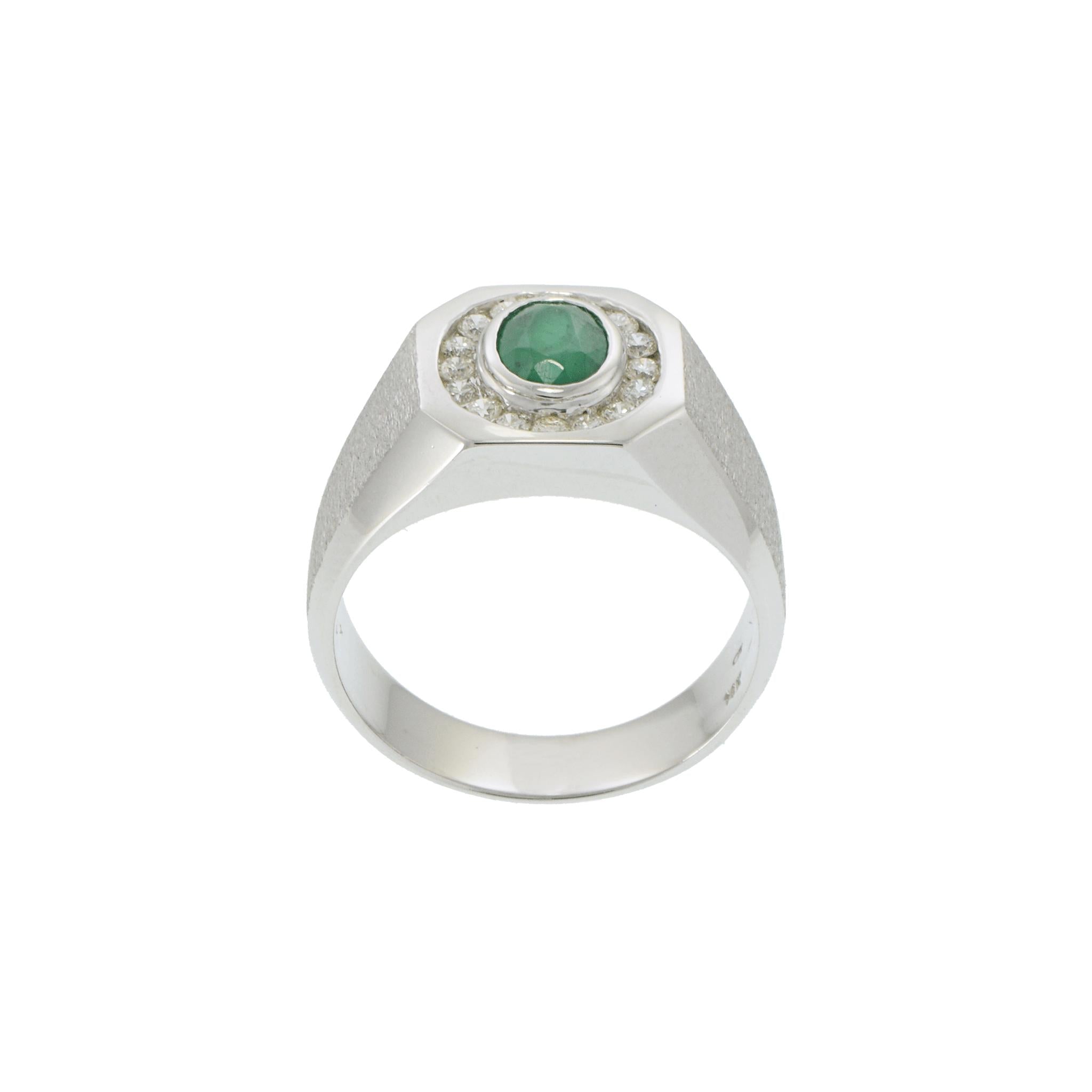 14KT White Gold Emerald and Diamond Men's Ring