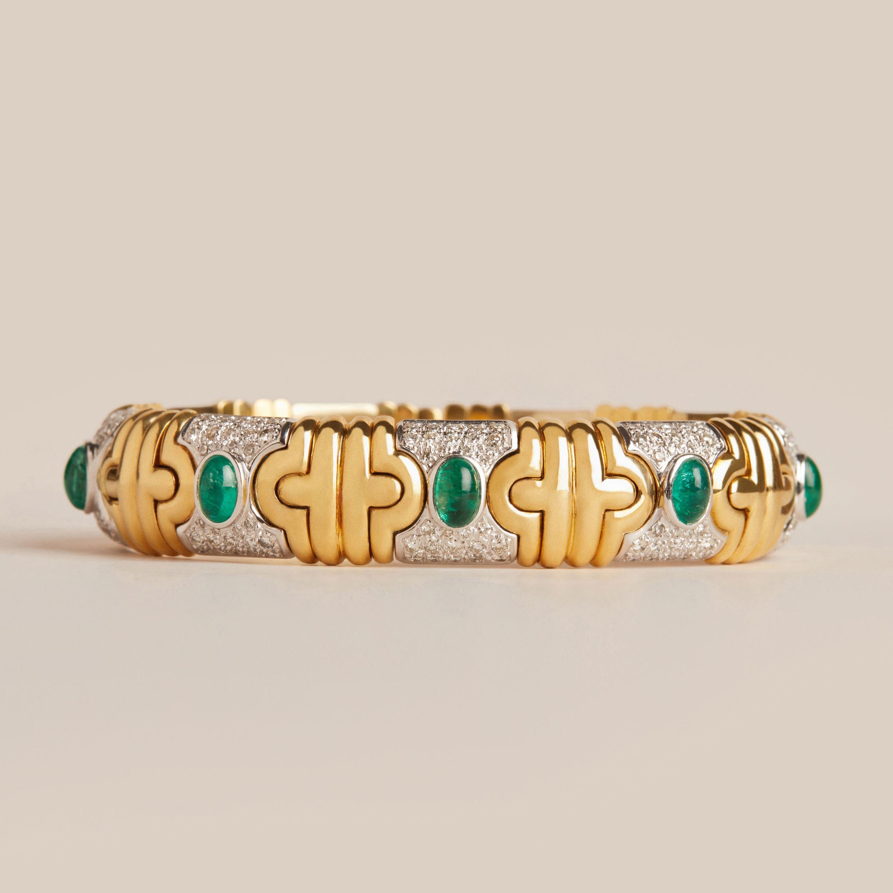 Retro Era 18KT Two-Tone Gold Emerald and Diamond Cabochon Bracelet