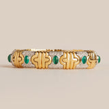 Retro Era 18KT Two-Tone Gold Emerald and Diamond Cabochon Bracelet