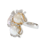18KT White Gold Multi-Color Pearl and Diamond Floral Cluster Cocktail Ring