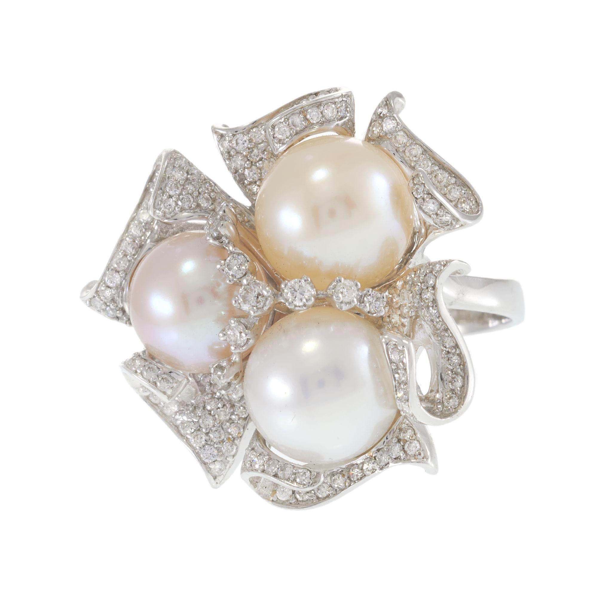 18KT White Gold Multi-Color Pearl and Diamond Floral Cluster Cocktail Ring