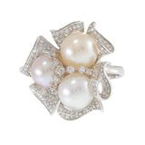 18KT White Gold Multi-Color Pearl and Diamond Floral Cluster Cocktail Ring
