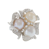 18KT White Gold Multi-Color Pearl and Diamond Floral Cluster Cocktail Ring