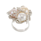 18KT White Gold Multi-Color Pearl and Diamond Floral Cluster Cocktail Ring