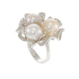 18KT White Gold Multi-Color Pearl and Diamond Floral Cluster Cocktail Ring