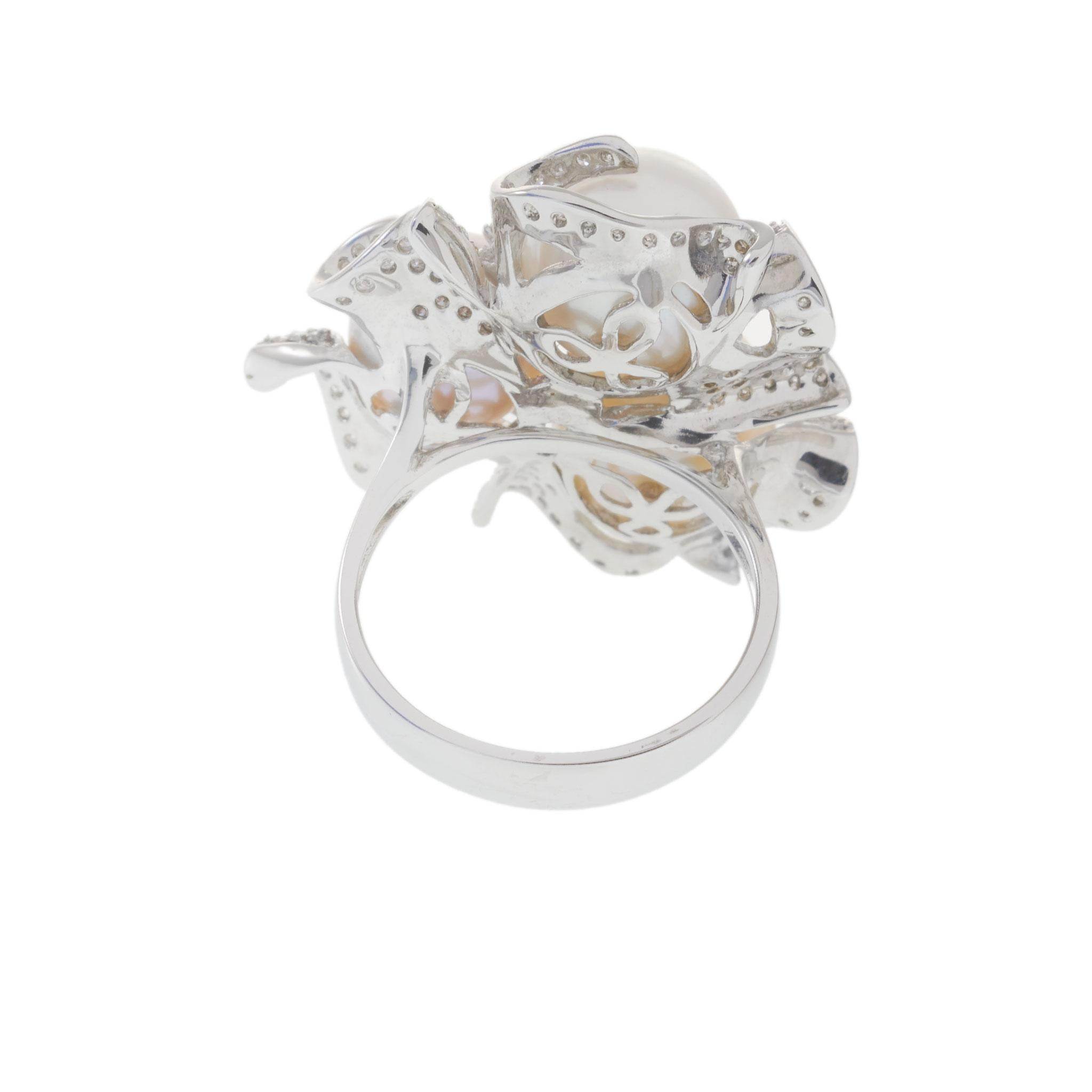 18KT White Gold Multi-Color Pearl and Diamond Floral Cluster Cocktail Ring
