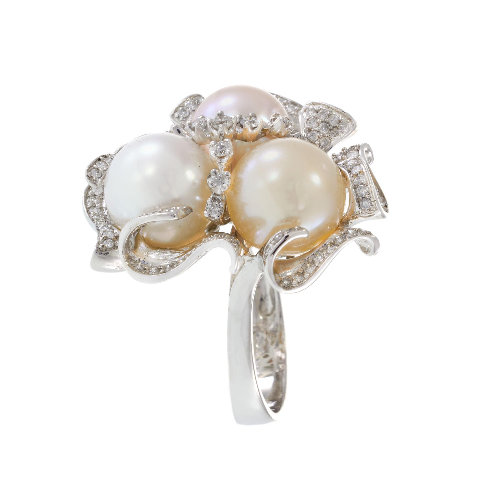 18KT White Gold Multi-Color Pearl and Diamond Floral Cluster Cocktail Ring