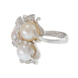 18KT White Gold Multi-Color Pearl and Diamond Floral Cluster Cocktail Ring