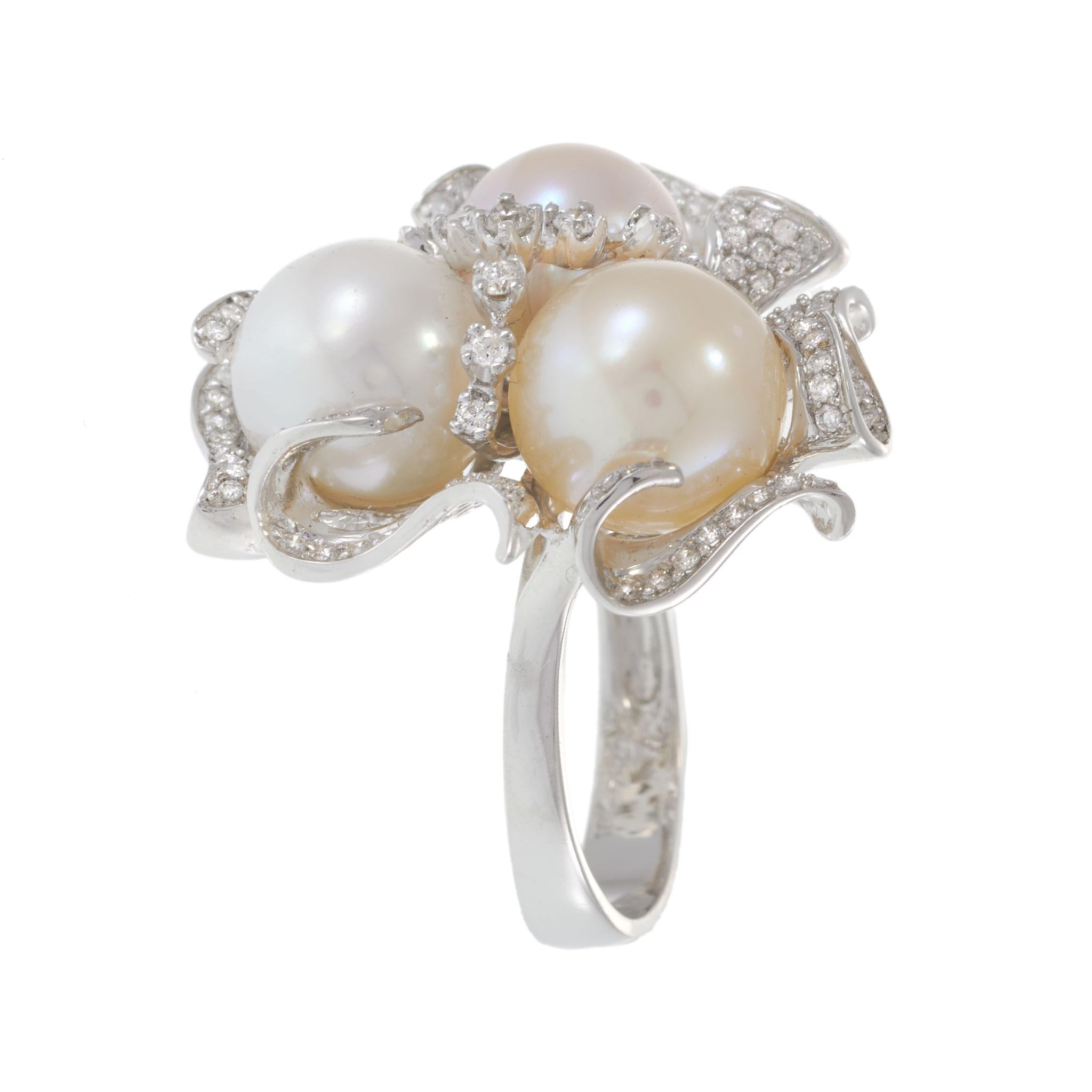18KT White Gold Multi-Color Pearl and Diamond Floral Cluster Cocktail Ring