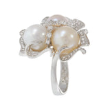 18KT White Gold Multi-Color Pearl and Diamond Floral Cluster Cocktail Ring