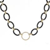 14KT Yellow Gold and Black Sterling Silver Circle Link Oval Chain Necklace with Diamonds