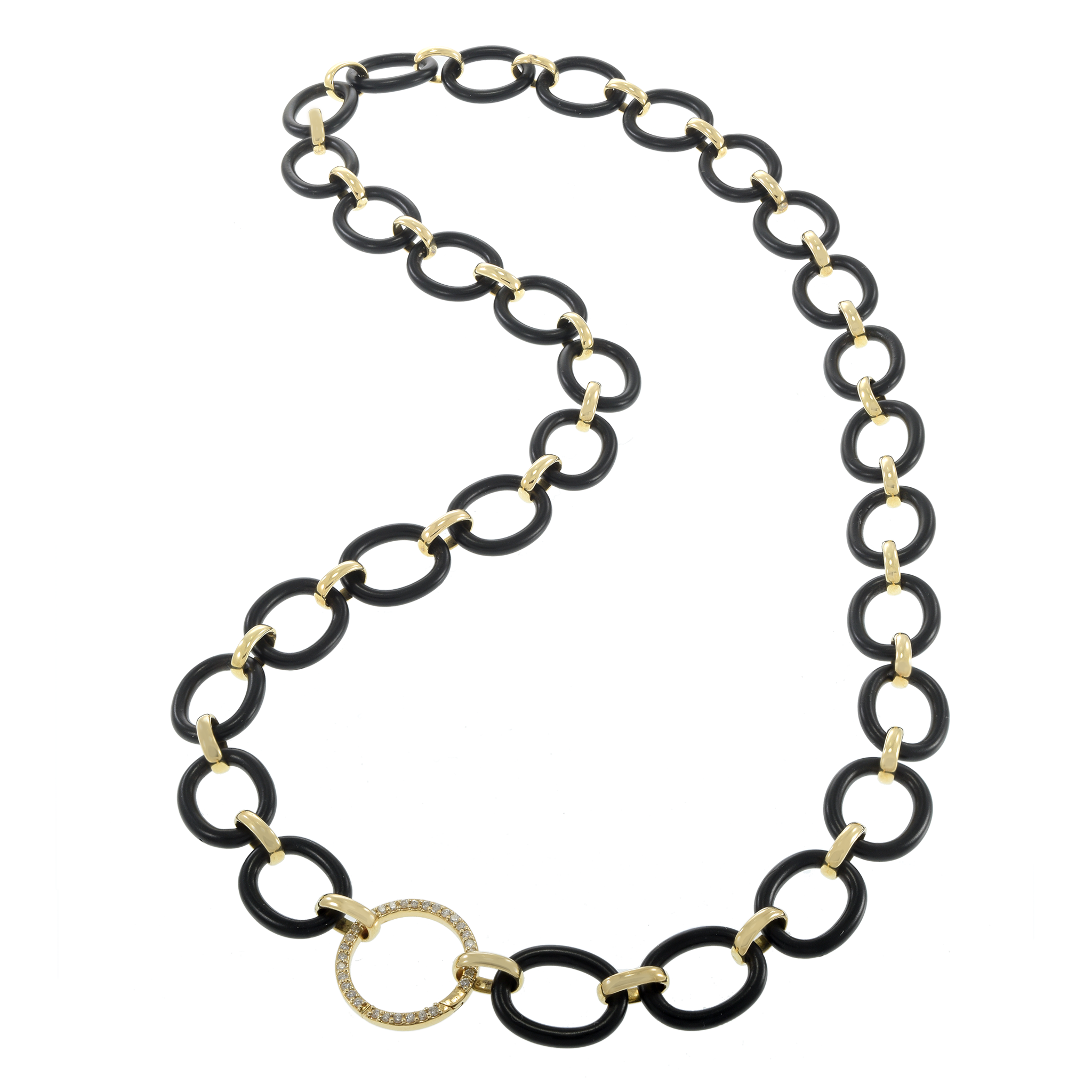 14KT Yellow Gold and Black Sterling Silver Circle Link Oval Chain Necklace with Diamonds