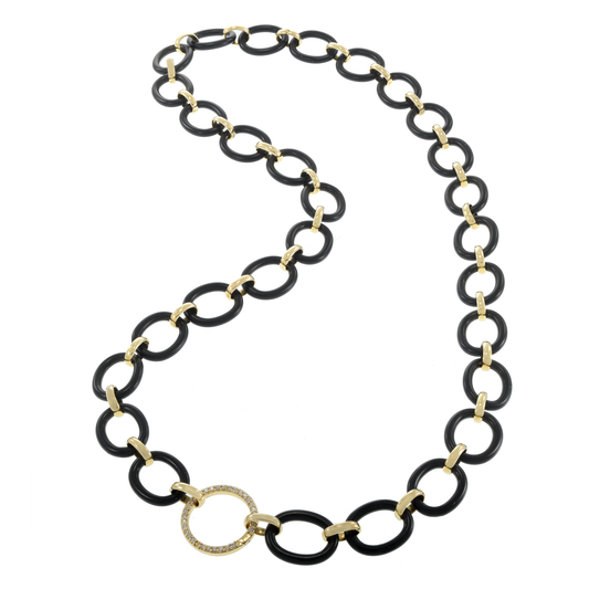 14KT Yellow Gold and Black Sterling Silver Circle Link Oval Chain Necklace with Diamonds