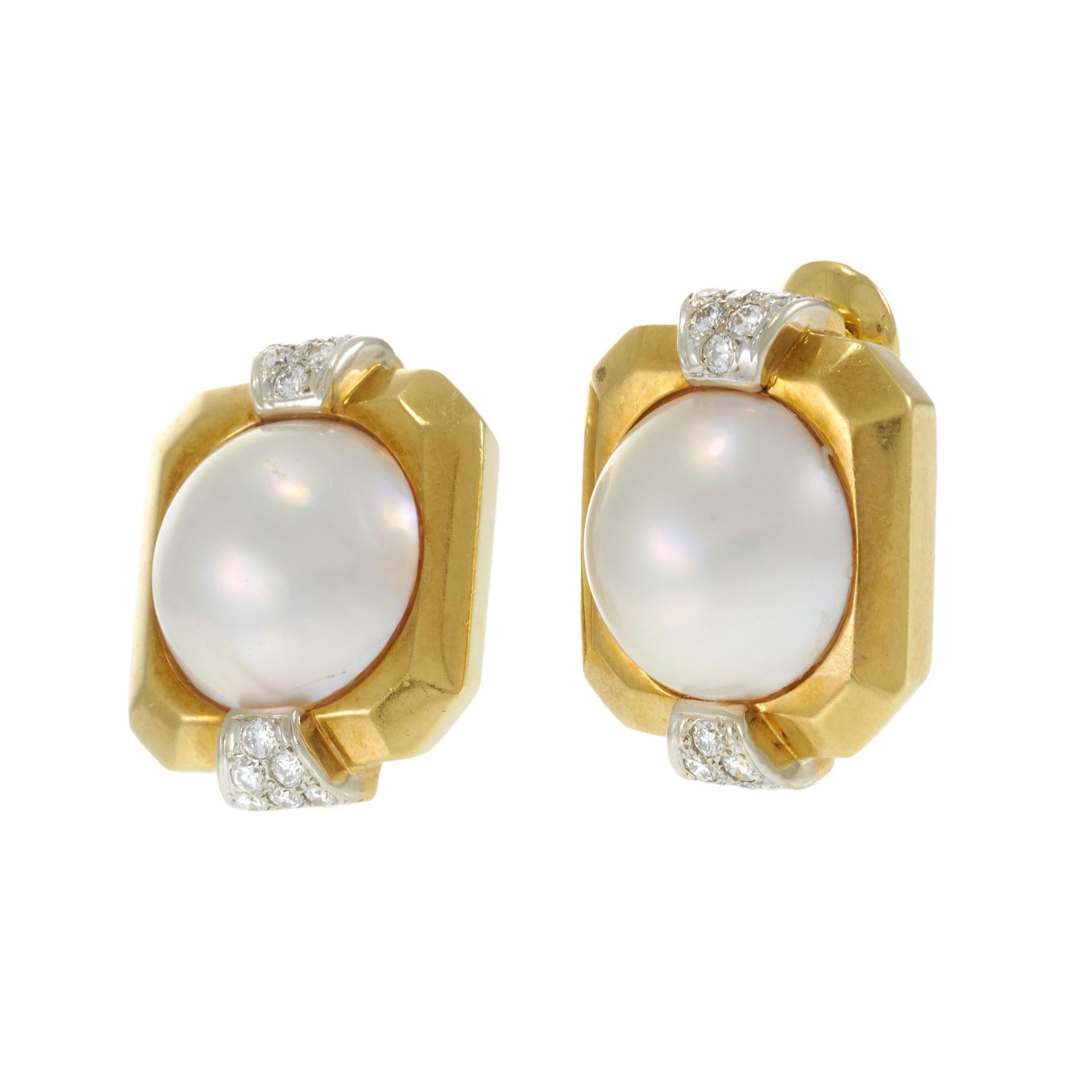 18KT Yellow Gold Vintage Retro Mabe Pearl and Diamond Clip Earrings