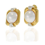 18KT Yellow Gold Vintage Retro Mabe Pearl and Diamond Clip Earrings