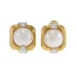 18KT Yellow Gold Vintage Retro Mabe Pearl and Diamond Clip Earrings