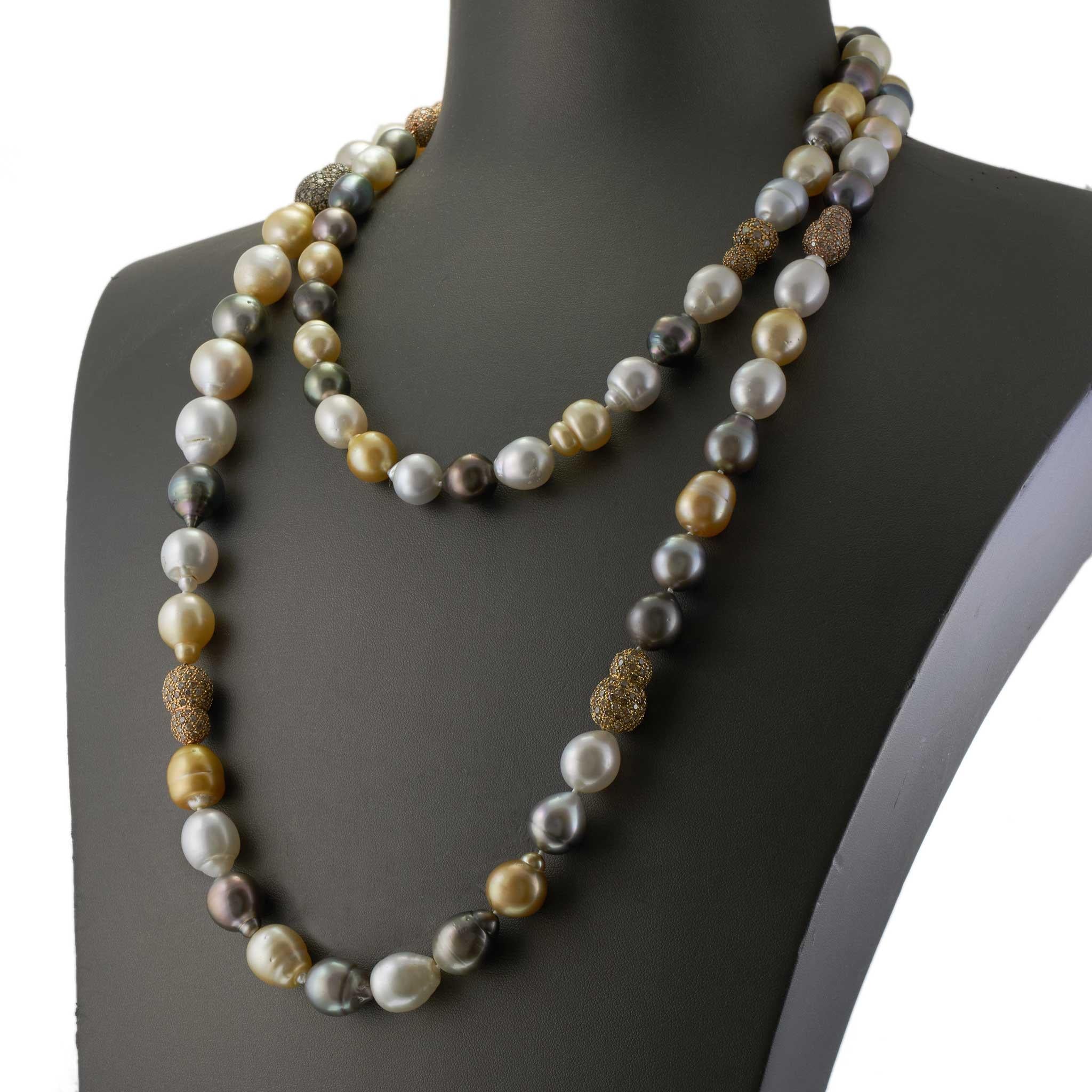 Multi-Color South Sea Pearl Necklace with Diamond Nugget Stations