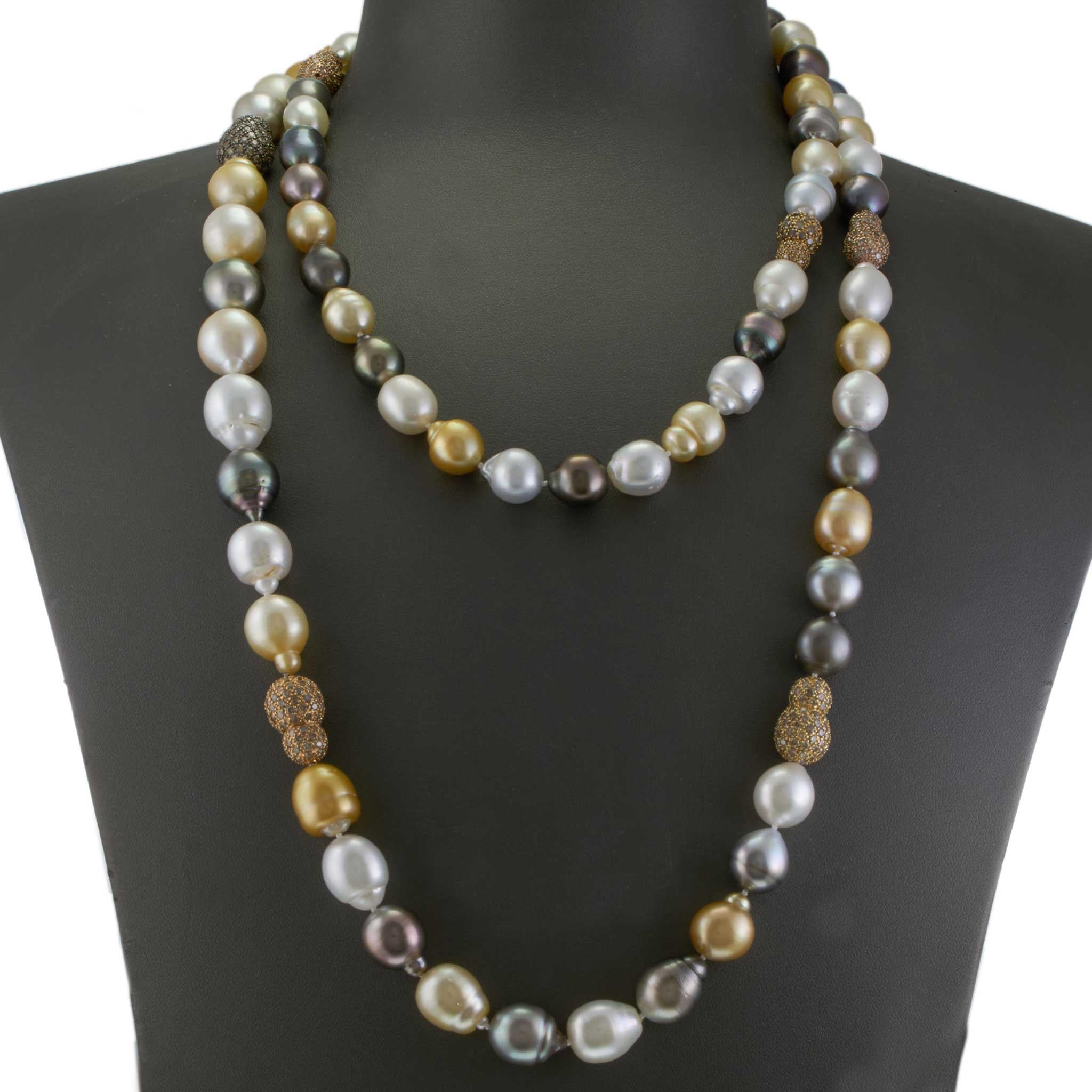 Multi-Color South Sea Pearl Necklace with Diamond Nugget Stations