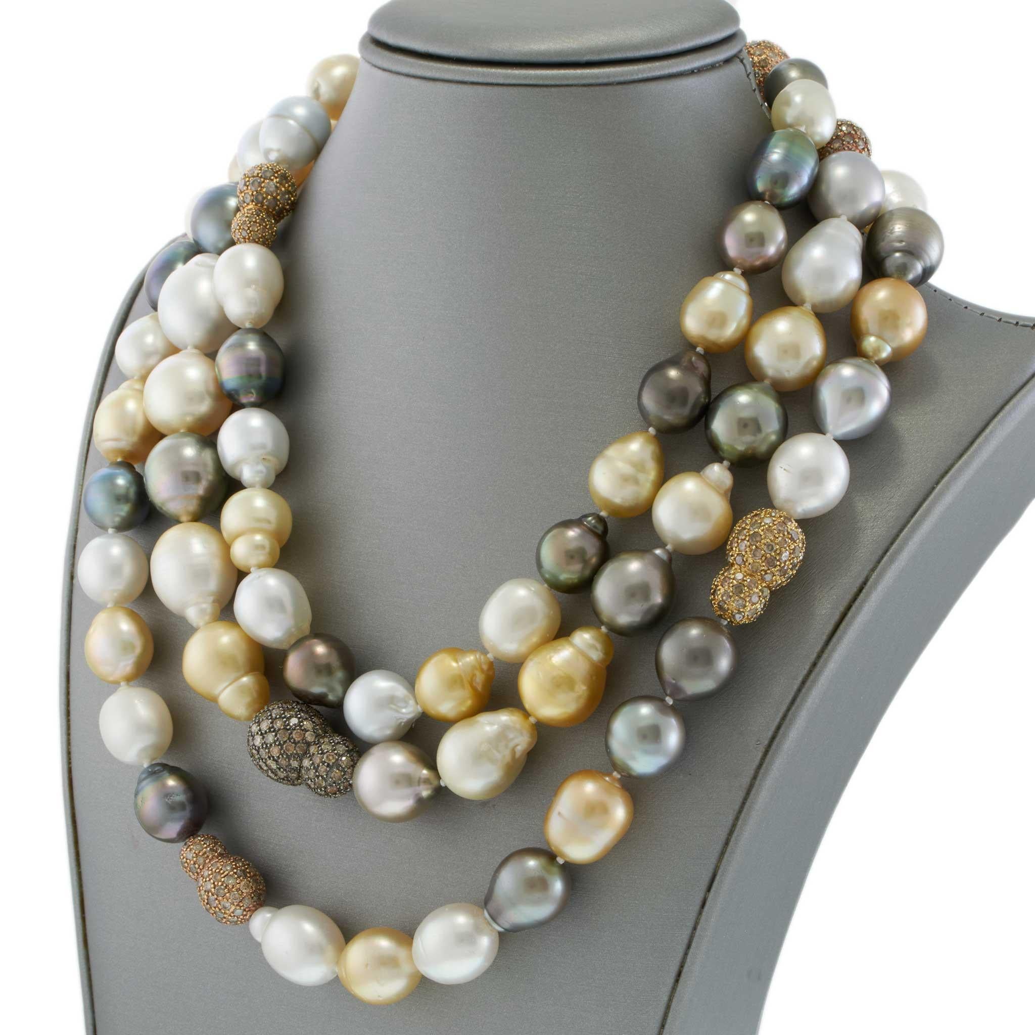 Multi-Color South Sea Pearl Necklace with Diamond Nugget Stations