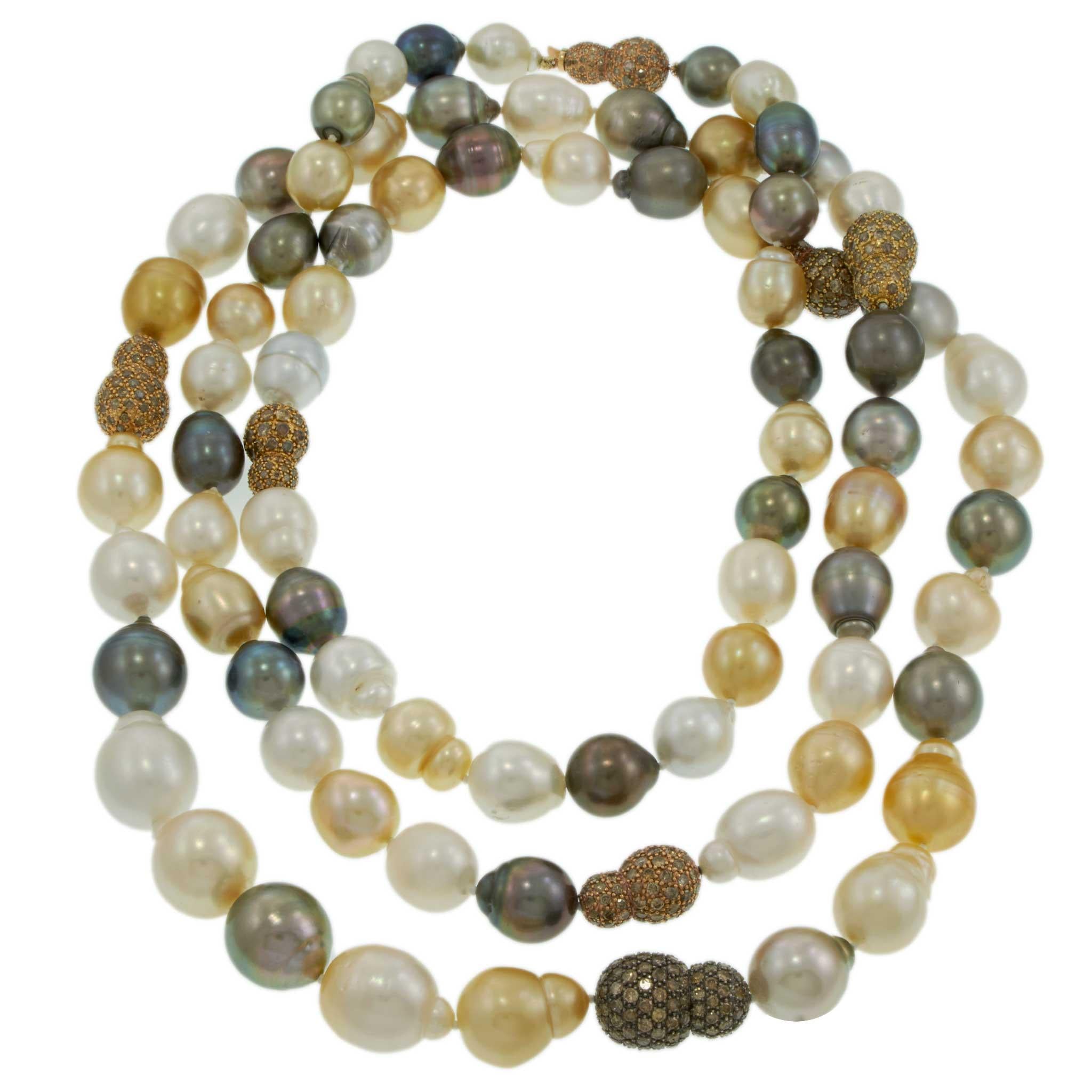 Multi-Color South Sea Pearl Necklace with Diamond Nugget Stations