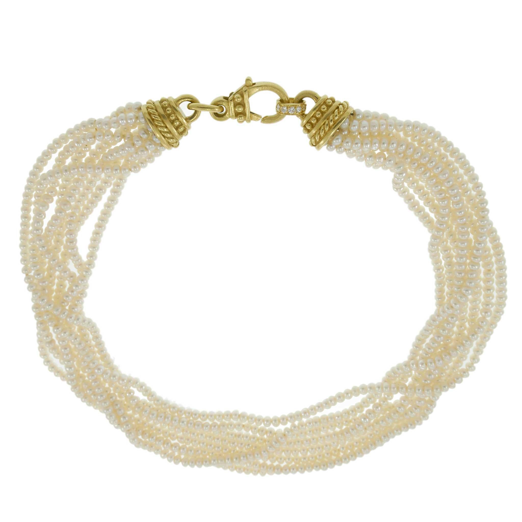 Vintage 8-Strand Pearl Necklace with Diamond Set 18KT Yellow Gold Clasp – 0.27CT
