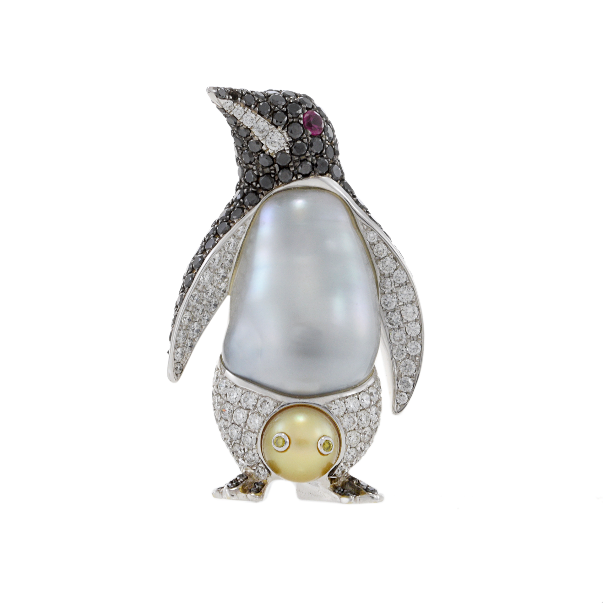 18KT Two-Tone Gold Diamond and South Sea Pearl Penguin Brooch/Pendant