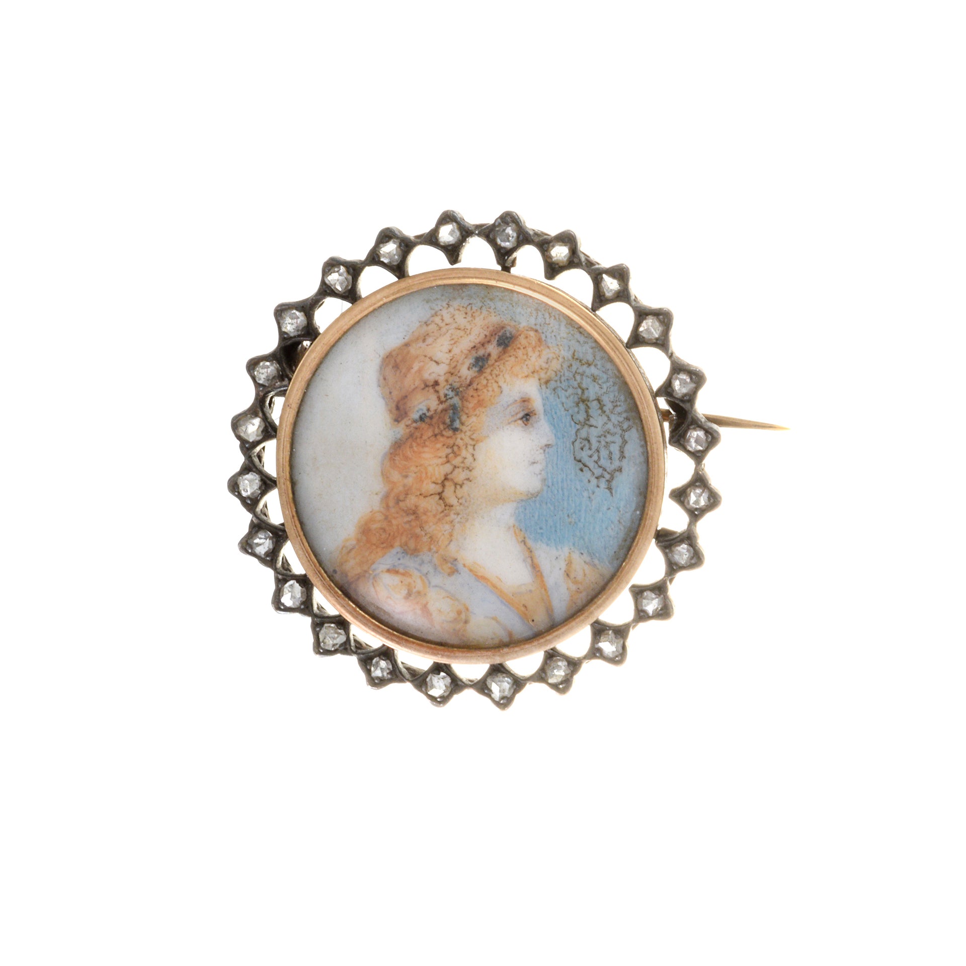 Victorian Era 18KT Yellow Gold And Silver Portrait Diamond Pin