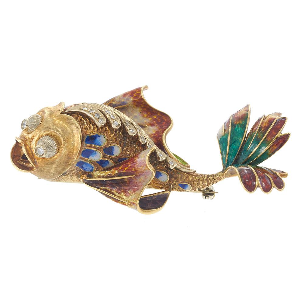 18KT Yellow Gold Retro Era Multi-Color Enamel and Diamond Fish Brooch