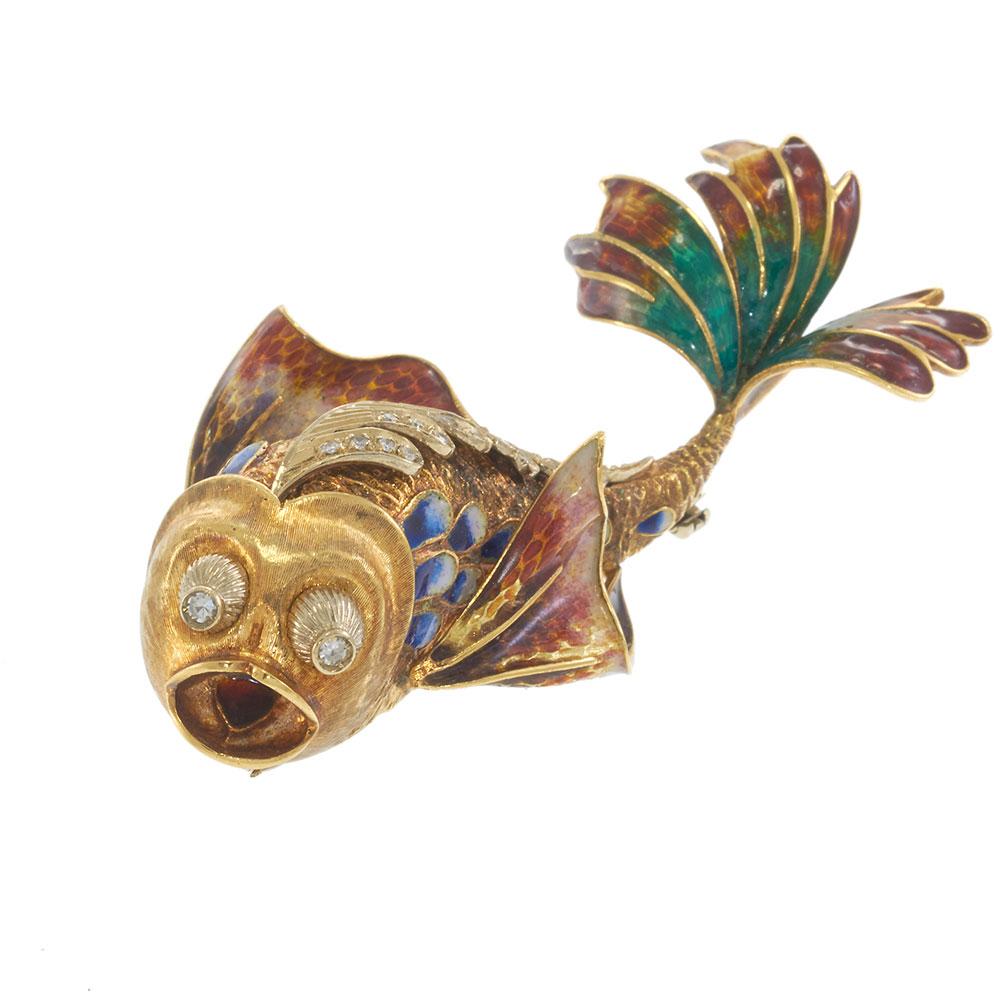 18KT Yellow Gold Retro Era Multi-Color Enamel and Diamond Fish Brooch