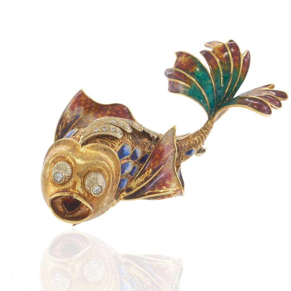 18KT Yellow Gold Retro Era Multi-Color Enamel and Diamond Fish Brooch