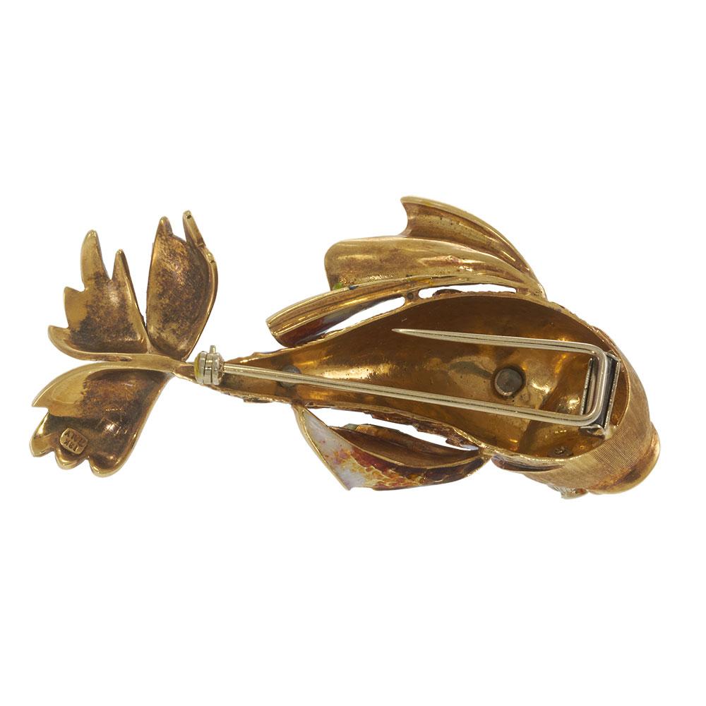 18KT Yellow Gold Retro Era Multi-Color Enamel and Diamond Fish Brooch
