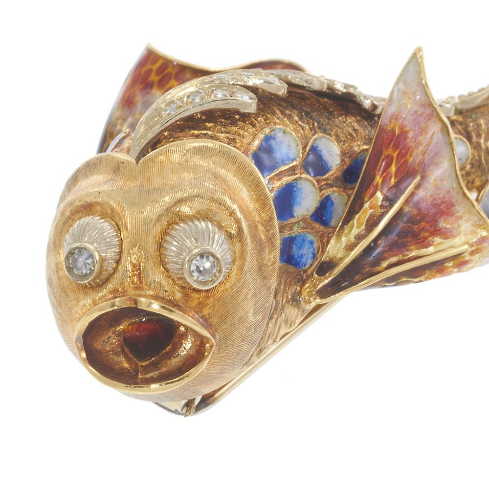 18KT Yellow Gold Retro Era Multi-Color Enamel and Diamond Fish Brooch