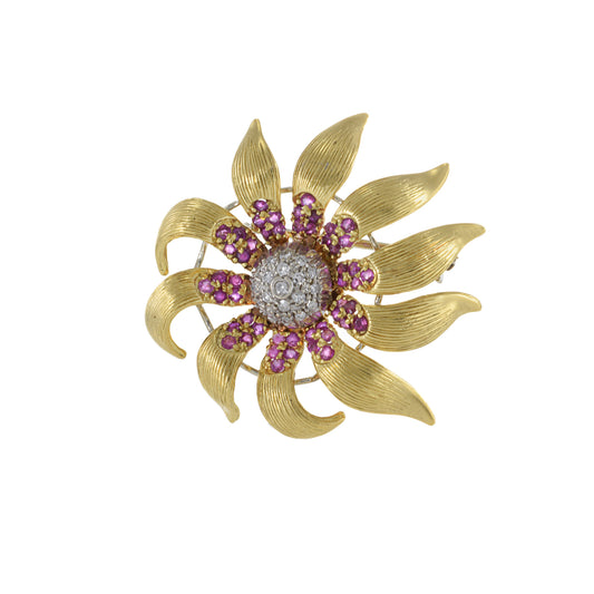 Estate Retro 18KT Yellow Gold Ruby And Diamond Flower Pin