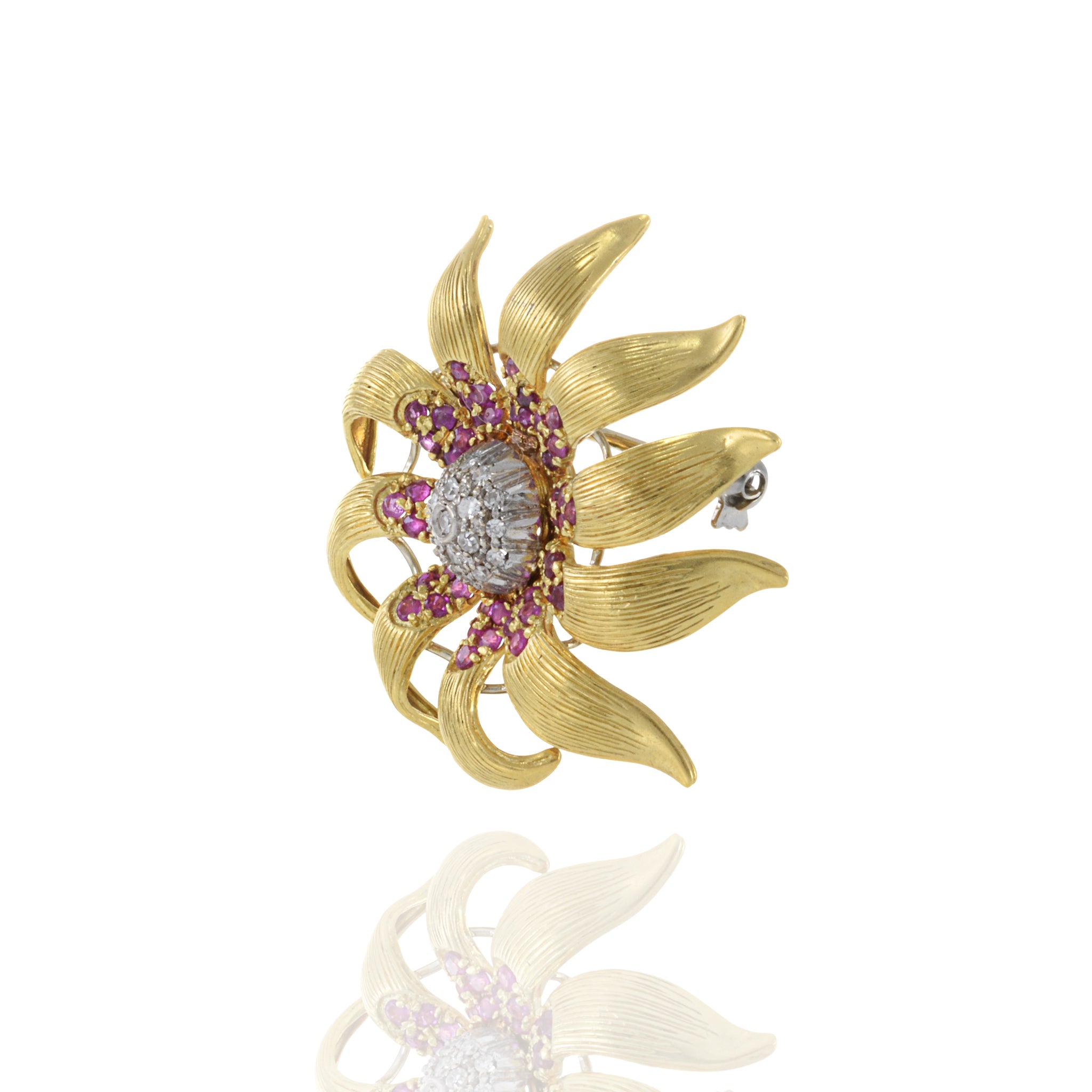 Estate Retro 18KT Yellow Gold Ruby And Diamond Flower Pin