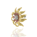 Estate Retro 18KT Yellow Gold Ruby And Diamond Flower Pin