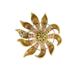 Estate Retro 18KT Yellow Gold Ruby And Diamond Flower Pin