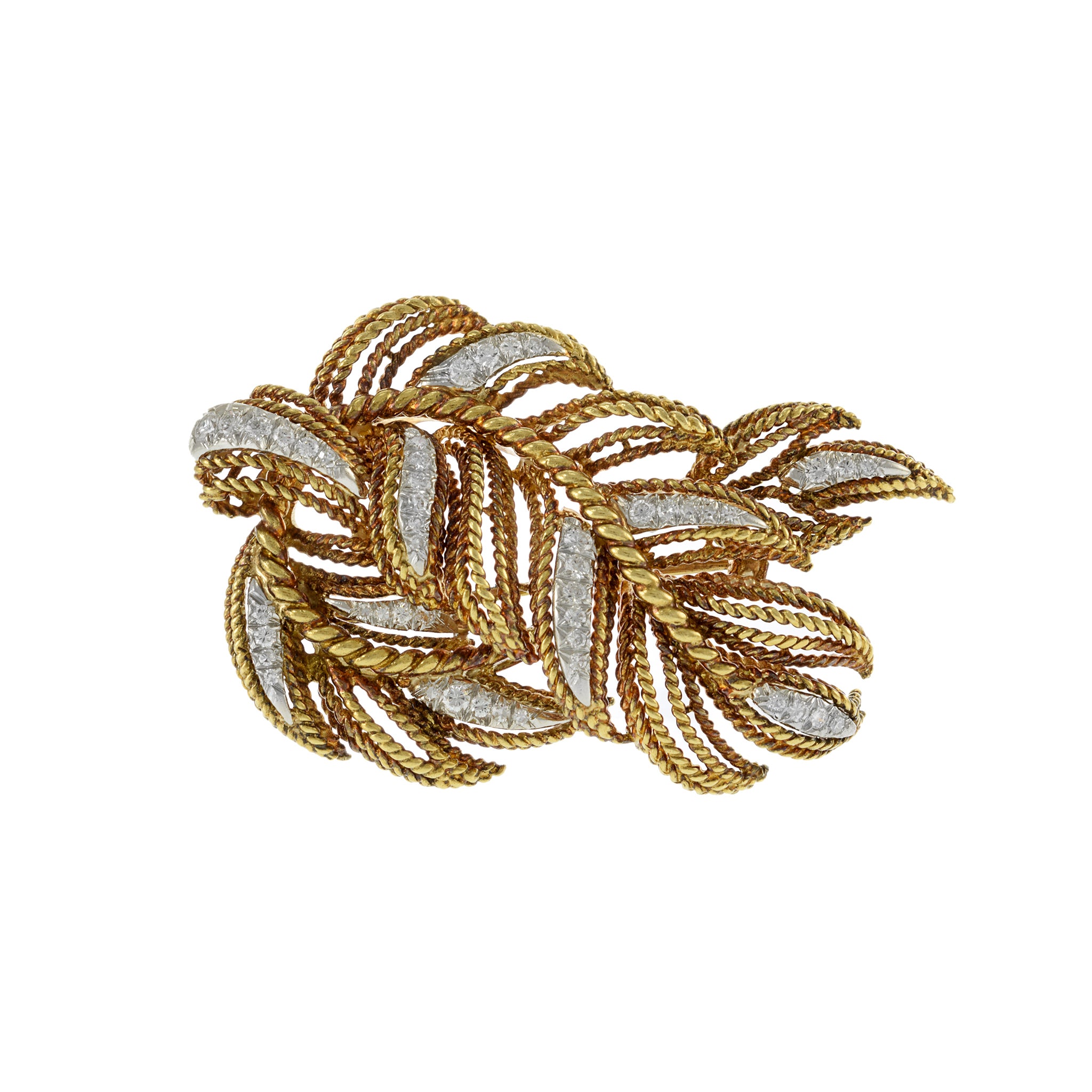 18KT Yellow Gold Estate French Filigree Leaf Diamond Brooch