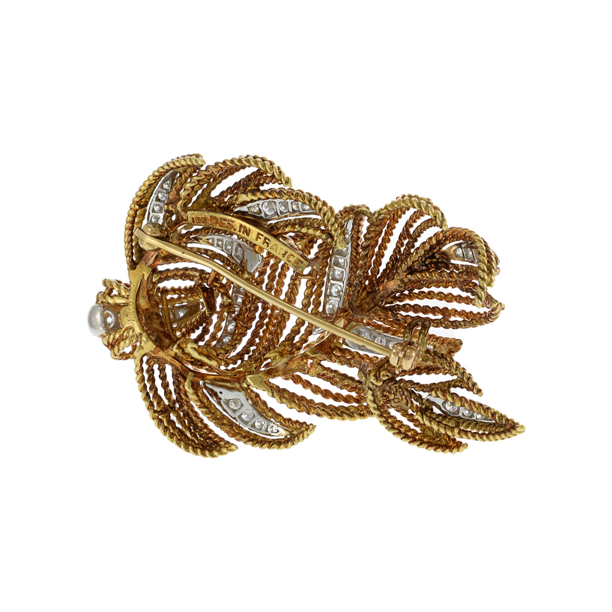 18KT Yellow Gold Estate French Filigree Leaf Diamond Brooch