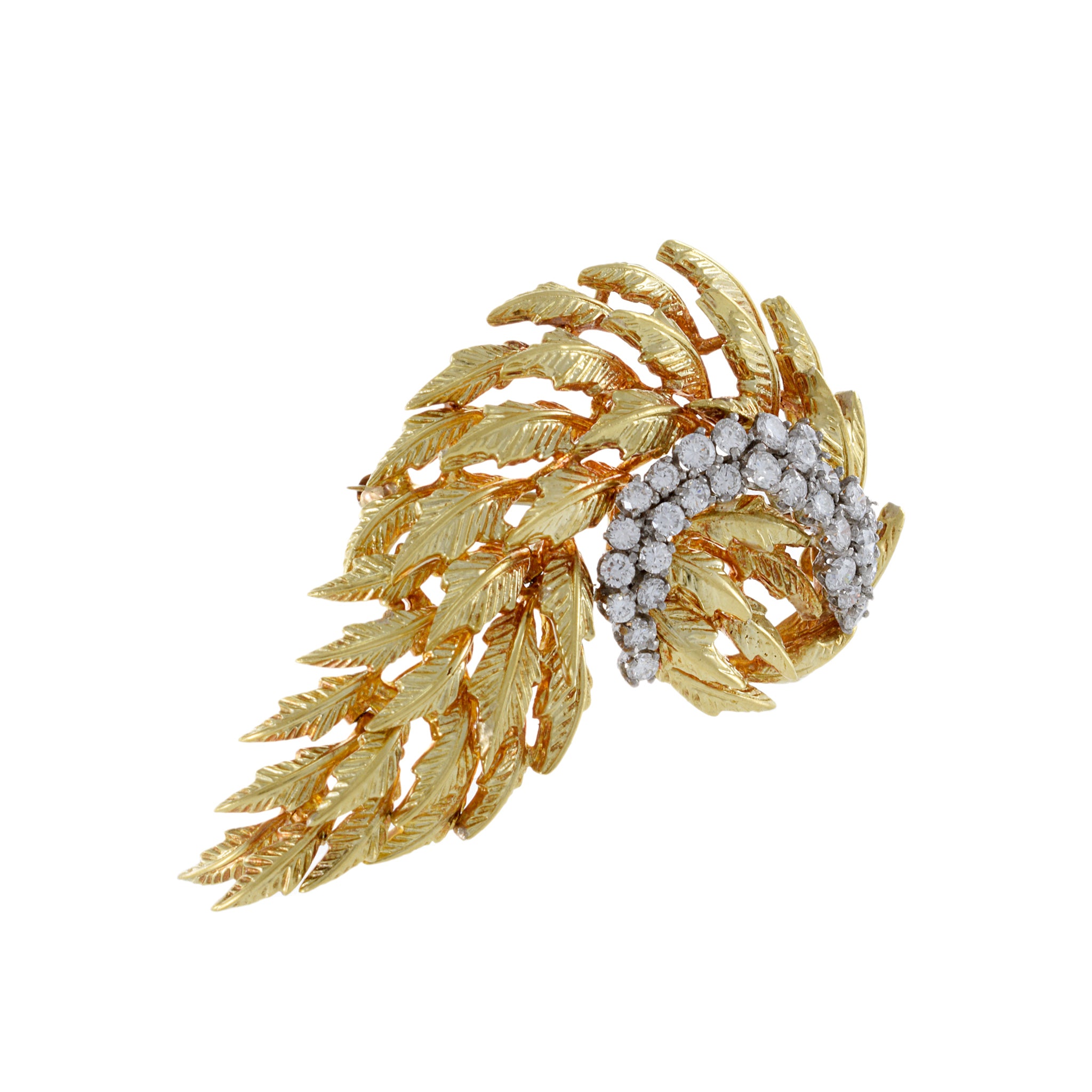 Estate Retro Era 18KT Yellow Gold Diamond Leaf Brooch