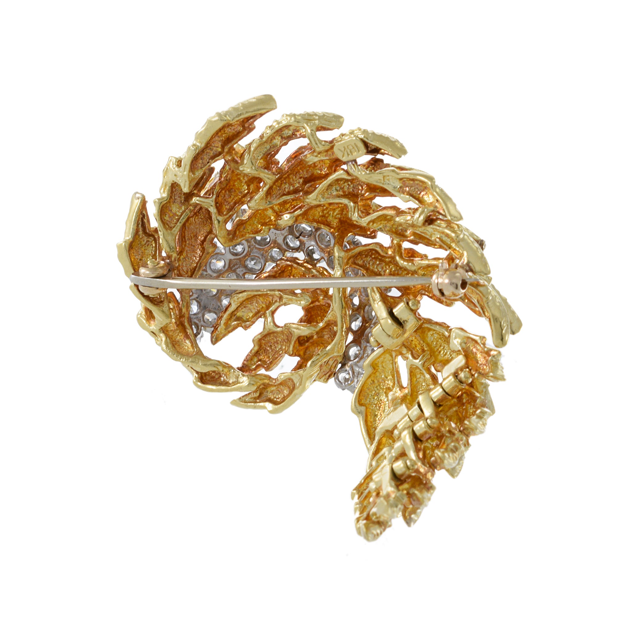 Estate Retro Era 18KT Yellow Gold Diamond Leaf Brooch