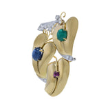 Estate Retro Era 18KT Yellow Gold Diamond, Emerald, Sapphire And Ruby Heart Brooch