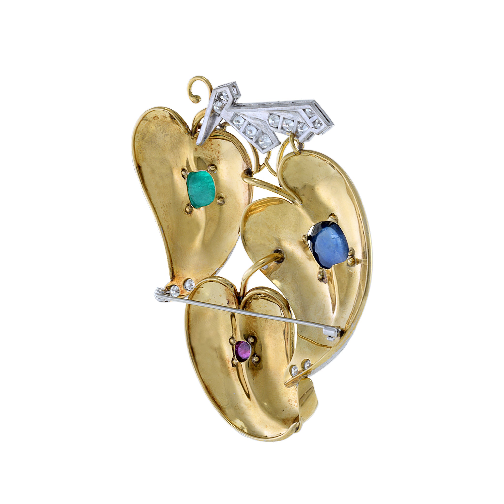 Estate Retro Era 18KT Yellow Gold Diamond, Emerald, Sapphire And Ruby Heart Brooch