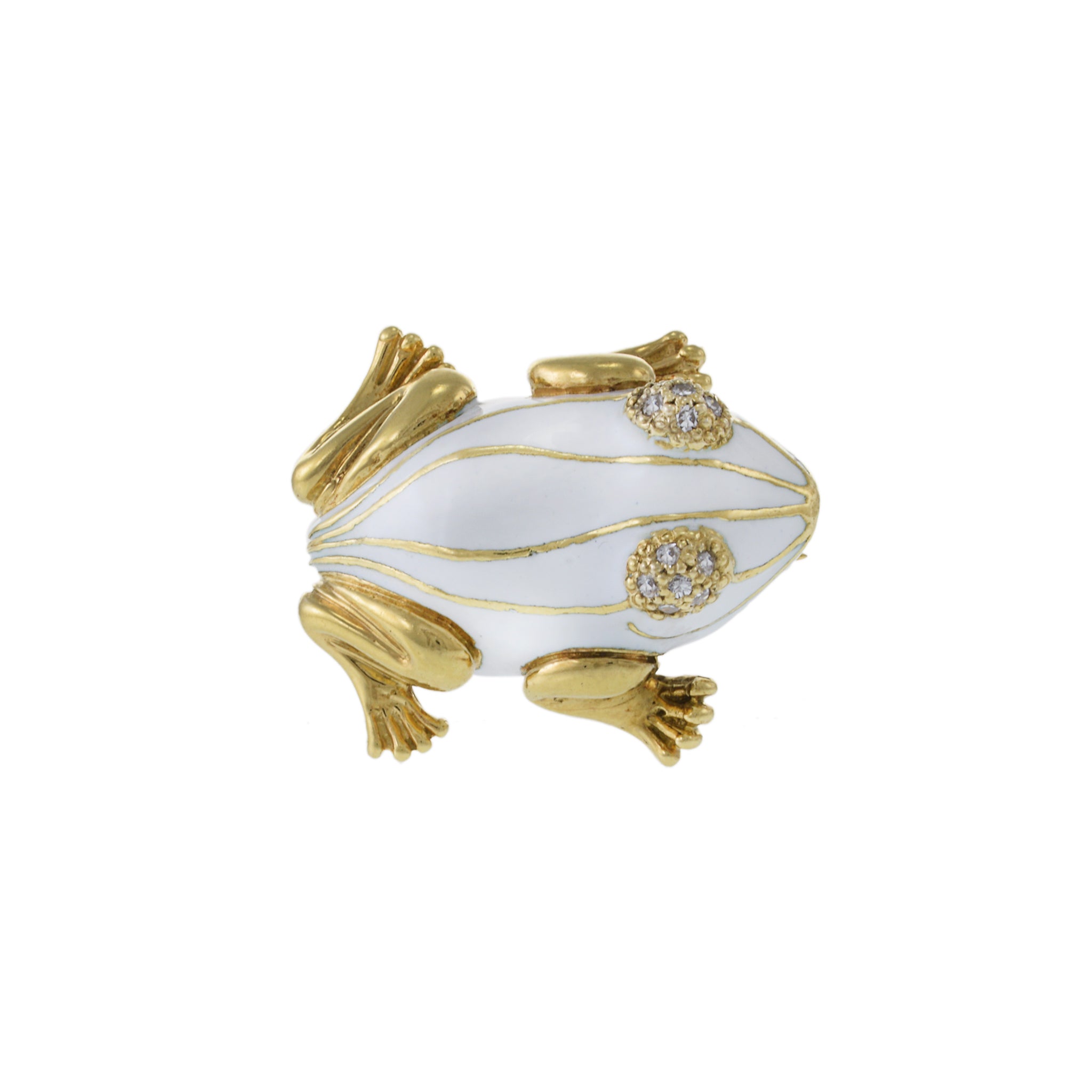 Vintage 18KT Yellow Gold White Enamel and Diamond Frog Brooch