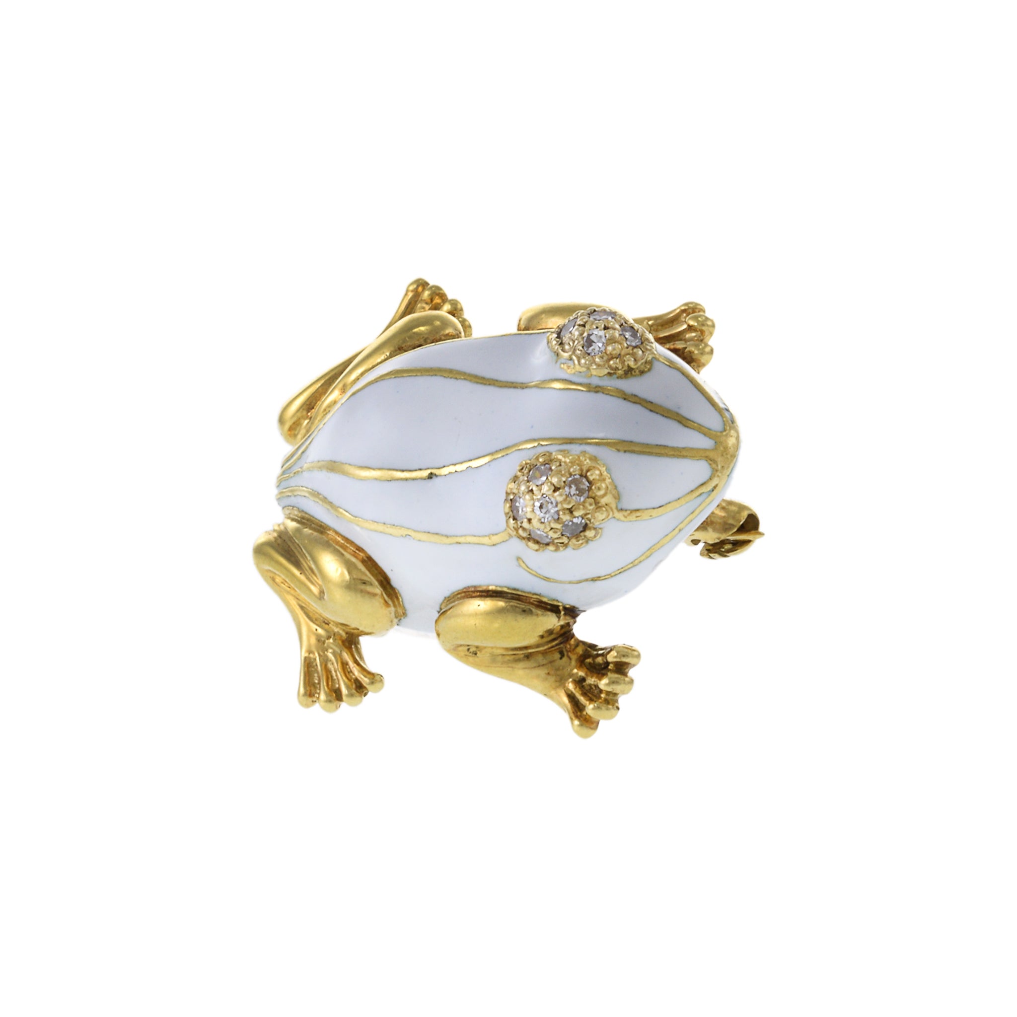 Vintage 18KT Yellow Gold White Enamel and Diamond Frog Brooch