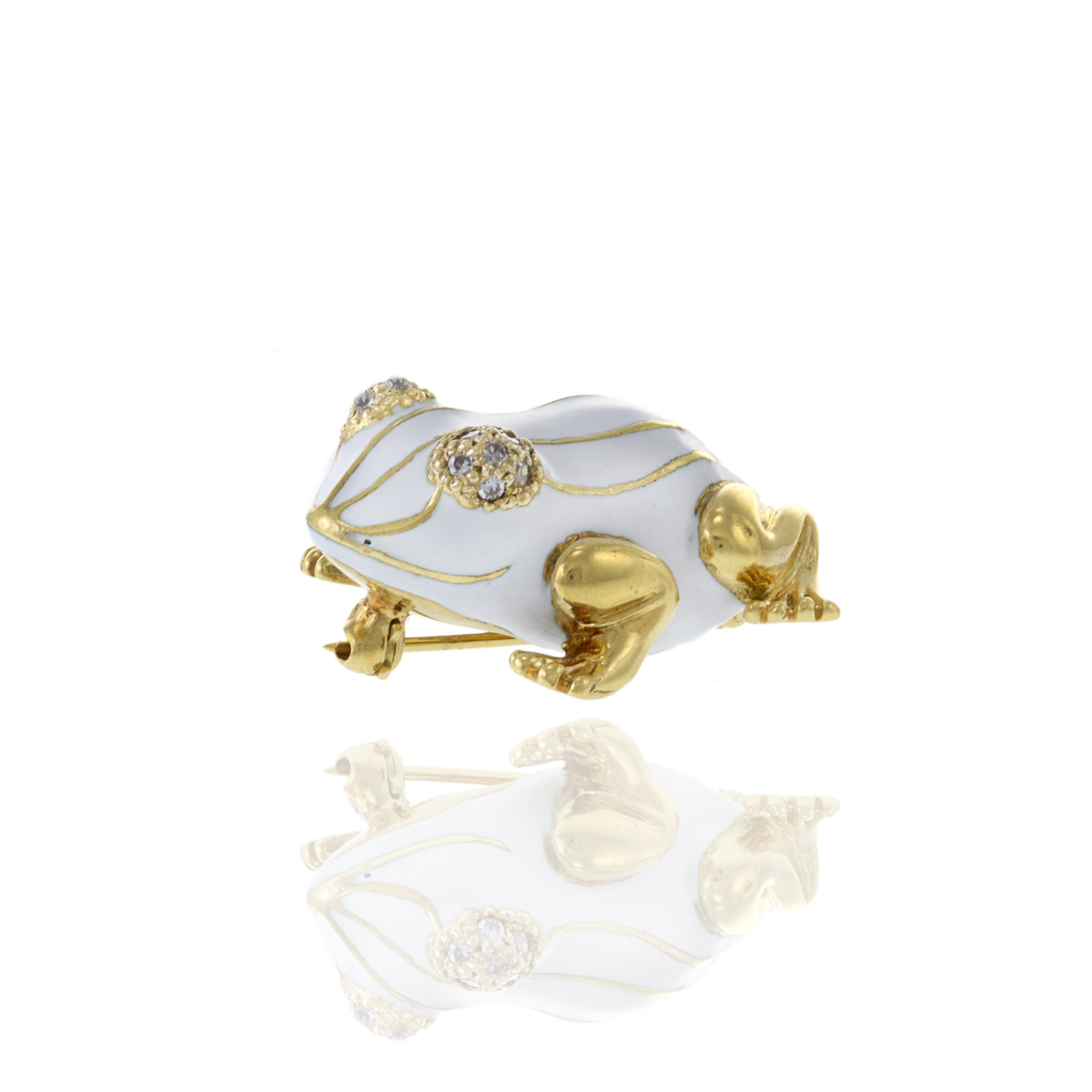 Vintage 18KT Yellow Gold White Enamel and Diamond Frog Brooch