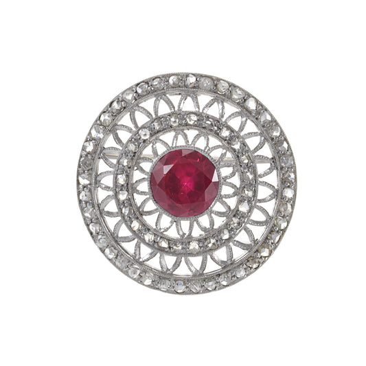 Vintage 18KT White Gold Art Deco Synthetic Ruby And Diamond Brooch