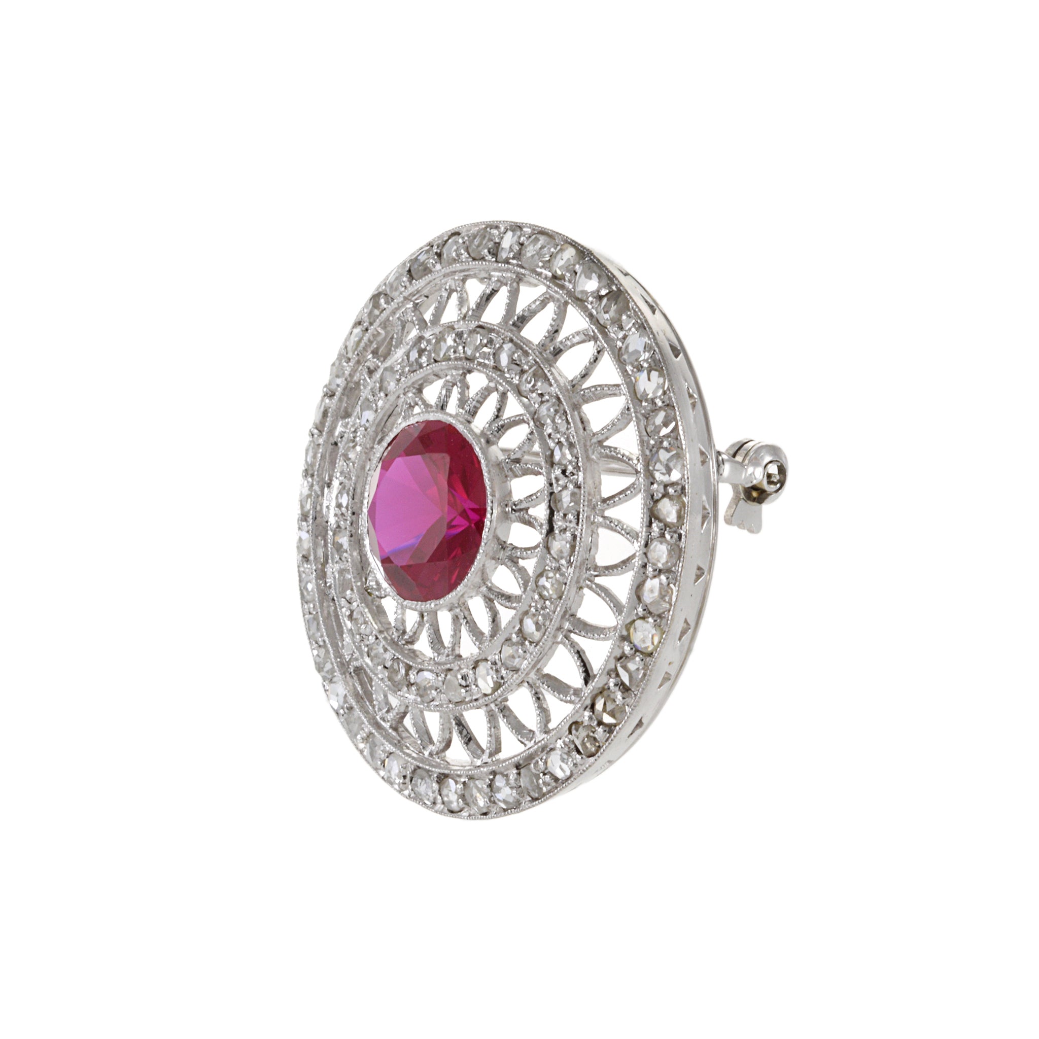 Vintage 18KT White Gold Art Deco Synthetic Ruby And Diamond Brooch